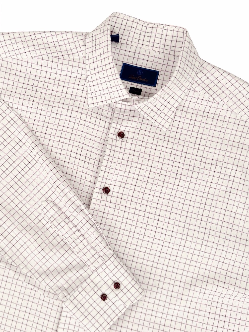 David Donahue Men’s 17.5 32/33 Trim White Burgundy Windowpane Check Dress Shirt